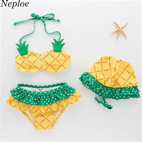 Neploe Cute Print Pineapple Girls Bikini With Hat Dot Ruffled Children