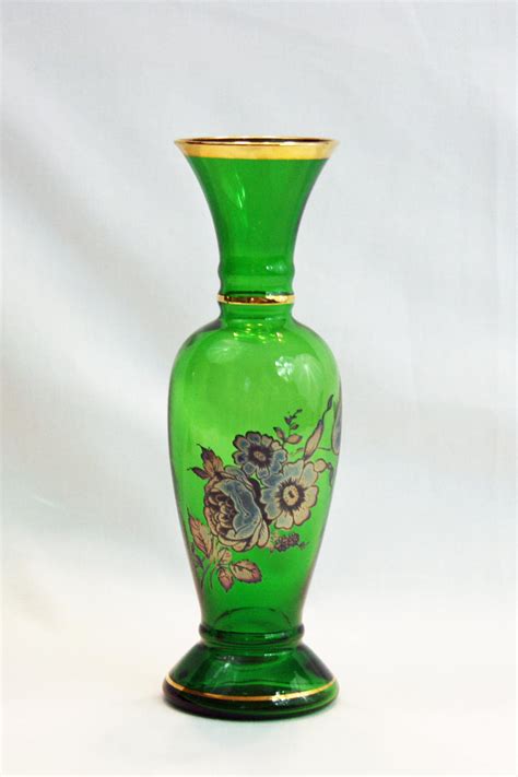 Vintage Lefton Emerald Green Glass Bud Vase Hand Blown With Floral Applique Made In Japan Flower