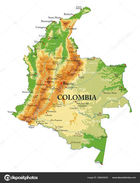 Highly Detailed Physical Map Colombia Vector Format All Relief Forms