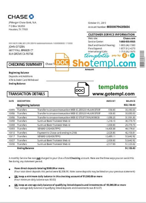 Individual, joint, partnership, government, association, private company and company accounts. USA Chase account statement template in Word format ...