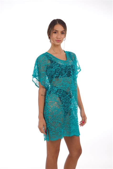 Turquoise Lace Dress Beach Cover Up Sheer Lace Tunic Etsy