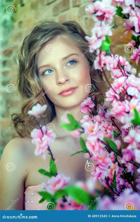Blonde Teen Girl Near A Blossoming Tree Stock Image Image Of Happy Blonde 40912545