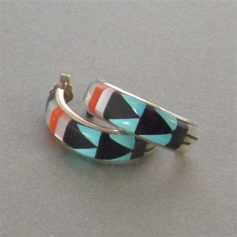 Vintage Zuni Native American Turquoise Hoop Earrings Coral Etsy