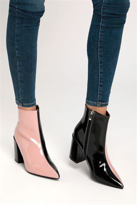 Color Block Booties Blush And Black Booties Patent Booties Lulus