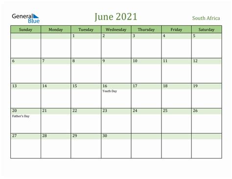 June 2021 Monthly Calendar With South Africa Holidays