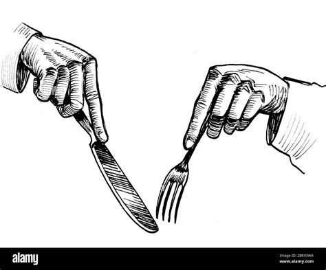 Hands Holding Knife And Fork Ink Black And White Drawing Stock Photo