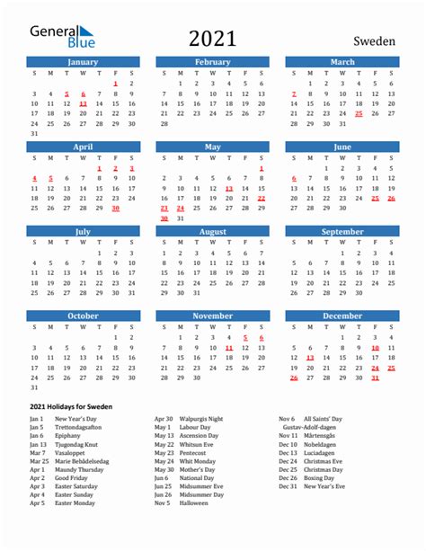 2021 Sweden Calendar With Holidays