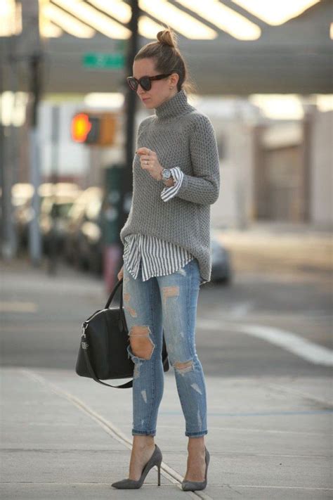 Pullover Kombinieren Trendy Mit Bluse Destroyed Jeans Und Pumps Moda