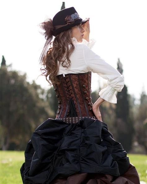 3 Pc Steampunk Victorian Brown Corset And Double Bustle Long Brown Short Black Skirts Costume