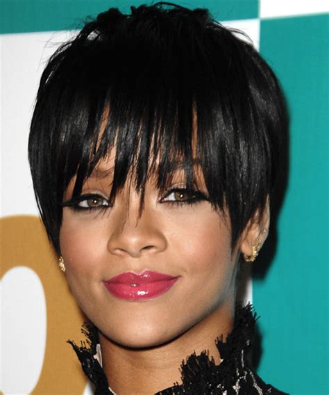 Rihanna Short Straight Alternative Hairstyle With Razor Cut Bangs
