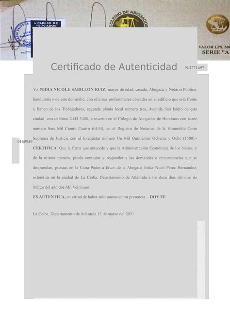 Certificado De Autenticidad De Carta De Poder Nidia Copia