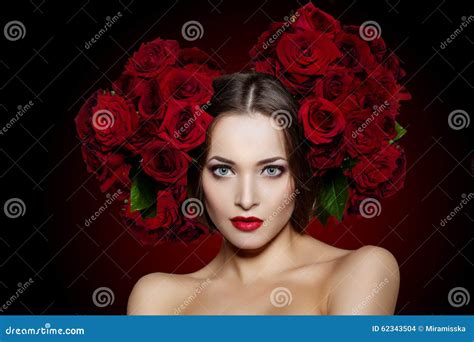 Beautiful Model Woman Rose Flower In Hair Beauty Salon Makeup Y Stock