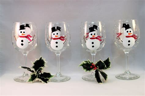 Snowman Hand Painted Wine Glasses Painted Snowman Glasses Etsy