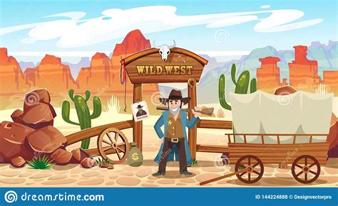 Wild West Cartoon Illustration With Cowboy Skull Wanted