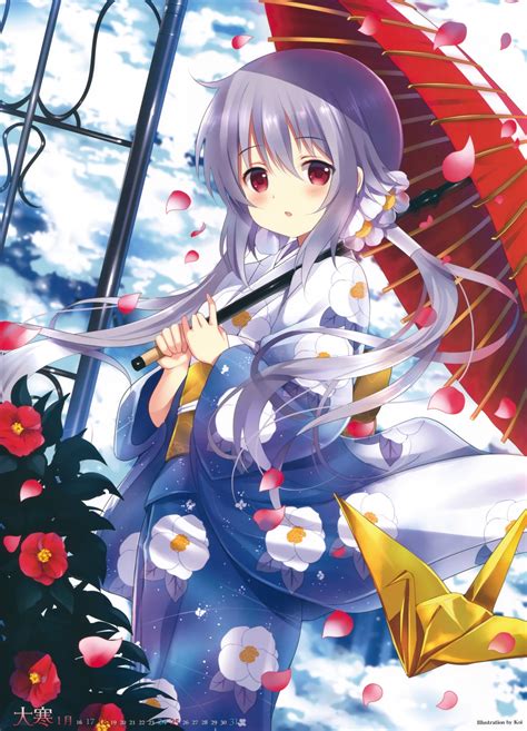 Wallpaper Anime Girl Kimono Umbrella Flowers Petals