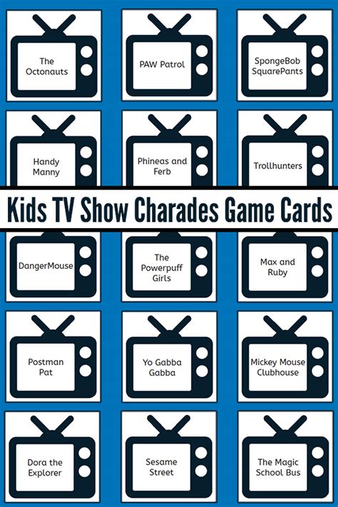 Maybe you would like to learn more about one of these? Kids TV Show Charades Cards: Free Printable Charades Game Cards