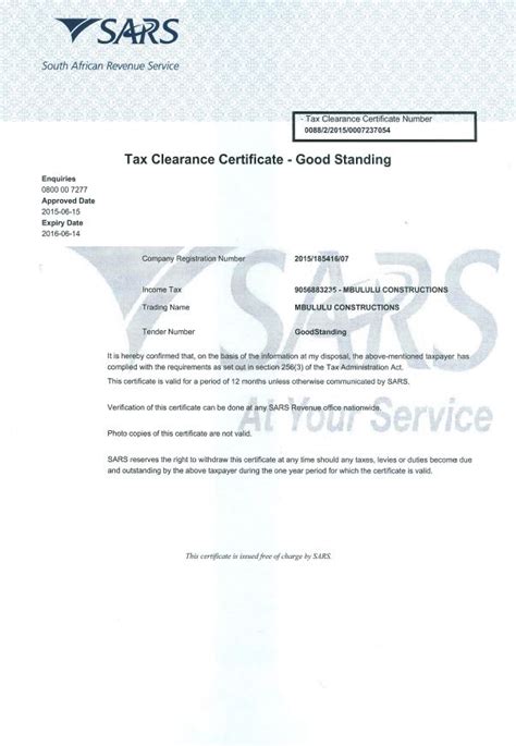 § 1 name of business. Sars Tax Certificate