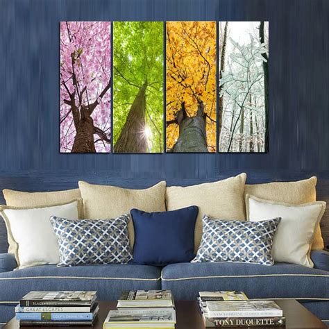 Original Oil Ink 4 Panels Canvas Print Four Season Tree Painting On Canvas Wall Art Picture Home
