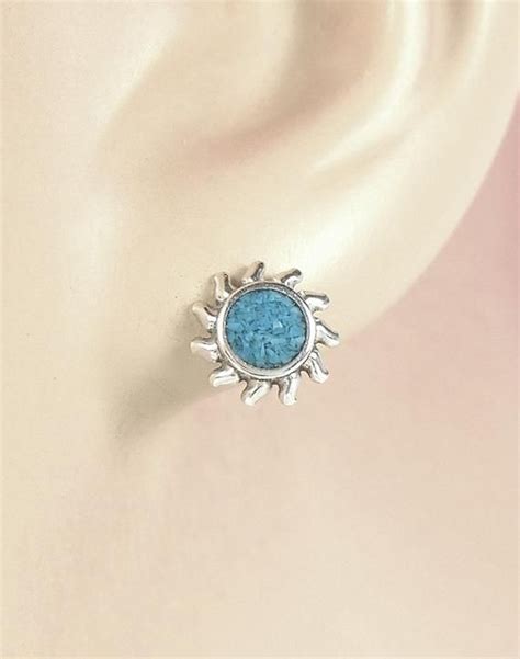 Earrings Sun Sterling Silver Turquoise Inlay Southwest Style Minimal