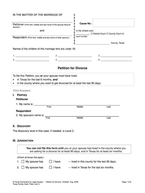 Tx Petition For Divorce 2009 Complete Legal Document Online Us