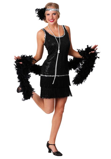 Sequin And Fringe Black Flapper Costume Womens 1920s Halloween Costumes