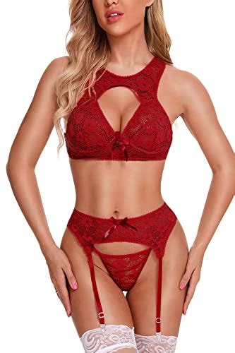 Aranmei Women Sexy Lingerie Set With Garter Belt Hollow Floral Lace B