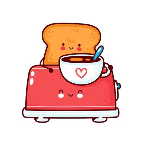 トースターのコーヒーマグとかわいい幸せなトースト。フラットライン漫画カワイイキャラクターアイコン。手描きスタイルのイラスト。白い背景で隔離 プレミアムベクター
