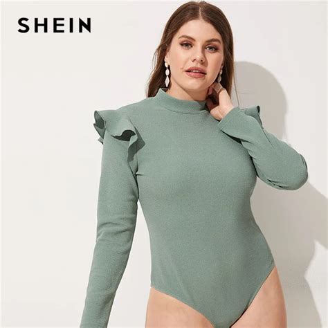 Shein Plus Size Green Elegant Ruffle Shoulder Women Bodysuits Stand