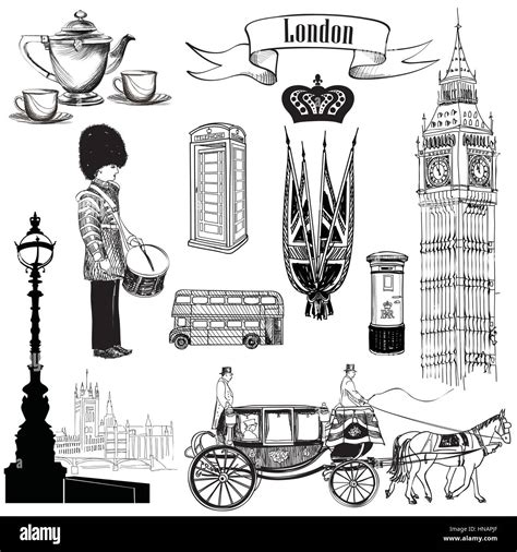 English Icon Set London Symbols England Uk Europe Hand Drawing