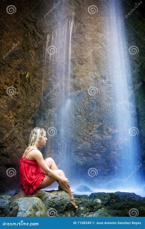 Blonde Under Waterfall Stock Image Image Of Long Pensive 7108349