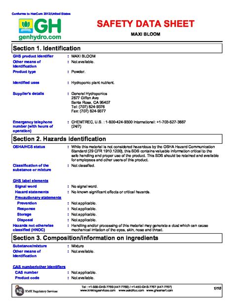 Ph Down Liquid Safety Data Sheet General Hydroponics