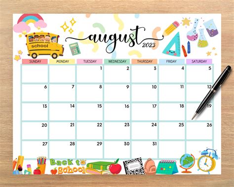 Editable August 2023 Calendar Back To School Kids School Etsy