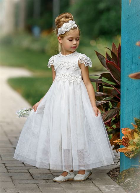 Luciana Long Cap Sleeve Lace Flower Girl Dress Off White In 2020