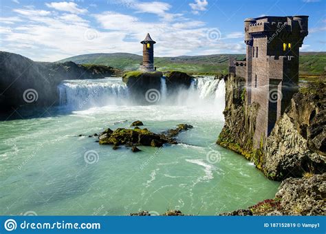 Medieval Fantasy World Castle And Waterfall On A Cliff Valley With