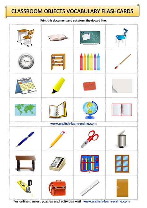 Classroom Objects Vocabulary Flashcards Worksheet