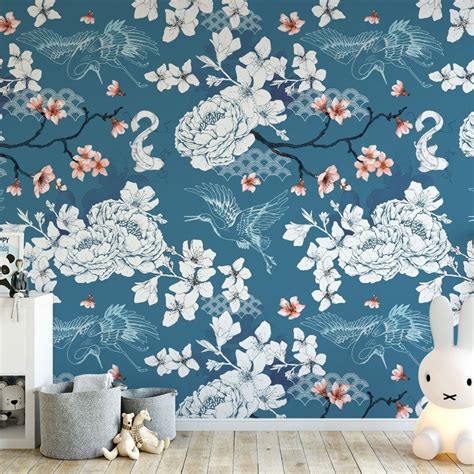 Blue Floral Chinoiserie Wallpaper Oriental Style Botanical