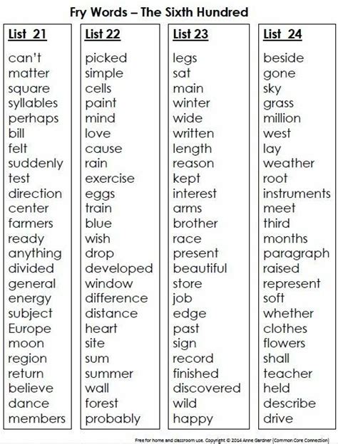 6th Grade Sight Words Printable Snapwords List A Teaching Cards Sight
