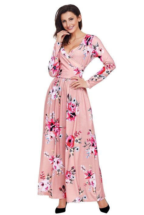 Mauve Floral Surplice Long Sleeve Maxi Boho Dress Boho Maxi Dress