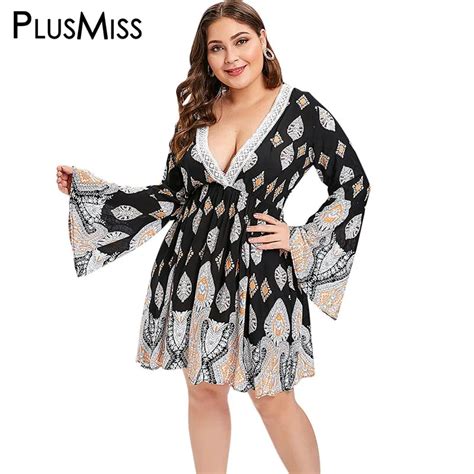 Plusmiss Plus Size Xl Summer V Neck Bell Flare Sleeve Loose Dress