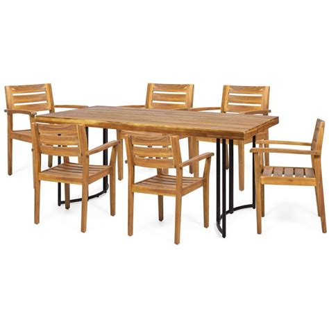 Noble House Noah 7 Piece Wood Top Patio Dining Set In Teak And Brown