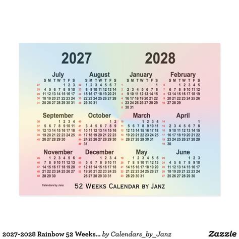 2027 2028 Rainbow 52 Weeks Calendar By Janz Postcard