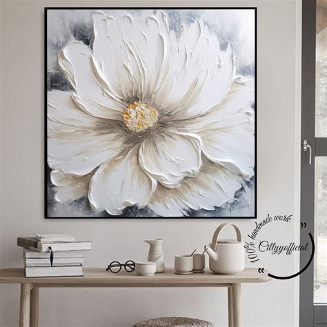 Large Texture Flower Oil Painting On Canvaswhite Abstract Etsy