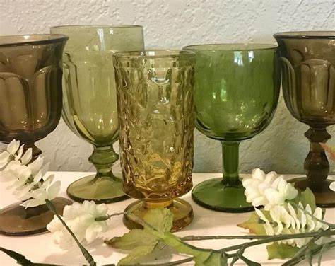 Vintage Mismatched Amber And Green Goblets Set Of Etsy Vintage