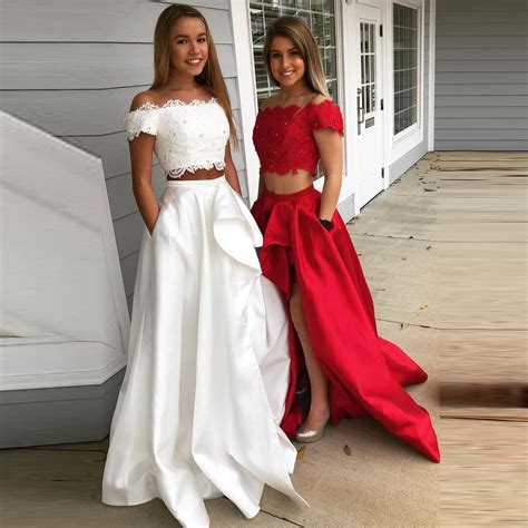Off The Shoulder Prom Dress Two Piece Formal Evening Gown High Slit Lace Crop Top On Storenvy