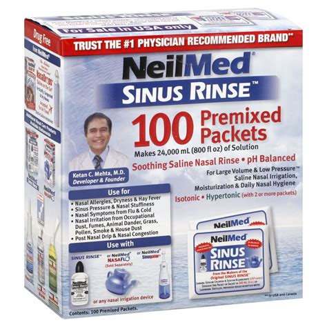Neilmed Sinus Rinse Saline Nasal Rinse Premixed Packets 100 Packets