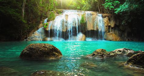 Erawan Waterfall In Thailand Peaceful Natural Background With