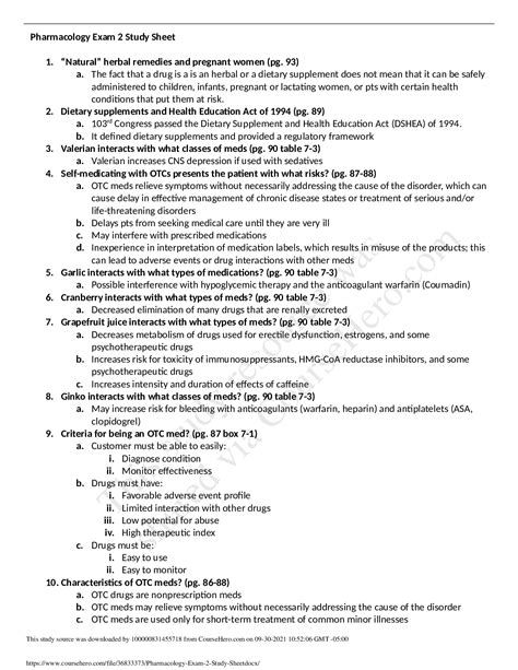 Pharmacology Exam 2 Study Sheetdocx Questions With Correct Answers