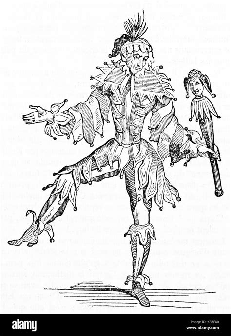Ancient Jester Posing On One Leg Wearing His Costume And Holding A