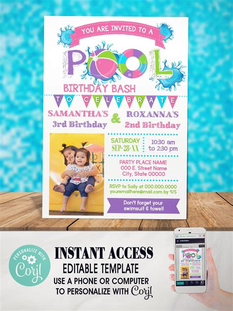 Pink Pool Summer Backyard Water Bash Birthday Invitation Etsy