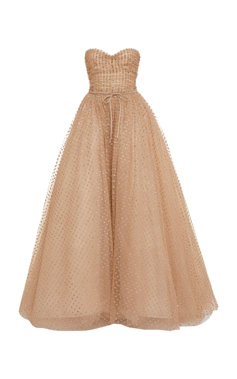 Monique Lhuillier Glitter Dot Tulle Strapless Ball Gown In Pink